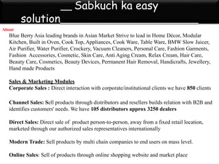 __ Sabkuch ka easy
solution_________________________
About
Blue Berry Asia leading brands in Asian Market Strive to lead in Home Décor, Modular
Kitchen, Built in Oven, Cook Top, Appliances, Cook Ware, Table Ware, BMW Slow Juicer,
Air Purifier, Water Purifier, Crockery, Vacuum Cleaners, Personal Care, Fashion Garments,
Fashion Accessories, Cosmetic, Skin Care, Anti Aging Cream, Relax Cream, Hair Care,
Beauty Care, Cosmetics, Beauty Devices, Permanent Hair Removal, Handicrafts, Jewellery,
Hand made Products
Sales & Marketing Modules
Corporate Sales : Direct interaction with corporate/institutional clients we have 850 clients
Channel Sales: Sell products through distributors and resellers builds relation with B2B and
identifies customers' needs. We have 105 distributors approx 3250 dealers
Direct Sales: Direct sale of product person-to-person, away from a fixed retail location,
marketed through our authorized sales representatives internationally
Modern Trade: Sell products by multi chain companies to end users on mass level.
Online Sales: Sell of products through online shopping website and market place
 