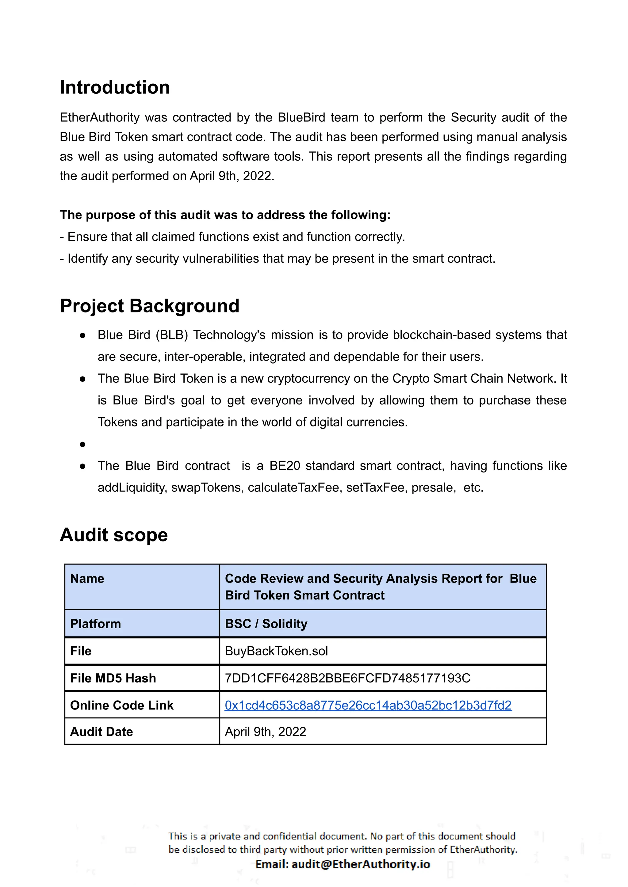 Blue Bird Token – Smart Contract Security Audit Report by EtherAuthority |  PDF