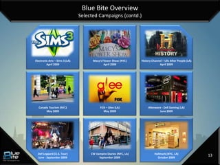 Blue Bite Overview
                                Selected Campaigns (contd.)




Electronic Arts – Sims 3 (LA)         Macy’s Flower Show (NYC)      History Channel – Life After People (LA)
         April 2009                           April 2009                         April 2009




  Canada Tourism (NYC)                     FOX – Glee (LA)               Alienware - Dell Gaming (LA)
       May 2009                              May 2009                            June 2009




  Def Leppard (U.S. Tour)            CW Vampire Diaries (NYC, LA)             Hallmark (NYC, LA)
  June - September 2009                   September 2009                        October 2009
                                                                                                               13
 