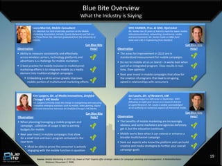 Blue Bite Overview
                                                          What the Industry is Saying

            Laura Marriot, Mobile Consultant                                                          ERIC HARBER, Pres. & COO, HipCricket
            Ms. Marriott has held leadership positions at the Mobile                                  Mr. Harber has 20 years of industry expertise spans mobile,
            Marketing Association, Intrado, Cyneta Networks and Cell-Loc                              telecommunications, networking, ecommerce, media
            Inc/TimesThree. Ms. Marriott graduated from the University of                             and entertainment. Mr. Harber holds an MBA from
            Alberta.                                                                                  Duke and a BS in Engineering from Stanford.

                                                                Can Blue Bite                                                                                 Can Blue Bite
Observation                                                        Help?                    Observation                                                          Help?
 Ability to measure consistently and effectively                                            The areas for improvement in 2010 are in
  across wireless carriers, technology platforms and                                          standardized measurement for mobile campaigns
  advertisers is a challenge for mobile marketers                                            Do not let mobile sit on an island – it works best when
 A best practice for mobile inclusion in multichannel                                        part of an integrated program. View results in real-
  marketing efforts is to integrate mobile as a media                                         time, then optimize
  element into traditional/digital campaigns                                                 Next year invest in mobile campaigns that allow for
      Embedding a call-to-action greatly improves                                            the creation of programs that lead to on-going,
       mobile portion of multichannel marketing efforts                                       opted-in relationships with consumers



            Kim Luegers, Dir. of Media Innovations, Draftfcb                                          Joe Laszlo, Dir. of Research, IAB
            Chicago’s MC Media                                                                        Mr. Laszlo began his IAB career in September, 2007,
            Ms. Luegers currently leads the charge in evangelizing and executing                      following an eight-year tenure as a research director
            innovative emerging solutions such as mobile, video gaming, digital                       at JupiterResearch. Mr. Laszlo is widely acknowledged              as
            OOH and interactive television for Draftfcb Chicago’s MC Media.                           as an authority on numerous aspects of interactive media.

                                                                Can Blue Bite                                                                                 Can Blue Bite
Observation                                                        Help?                    Observation                                                          Help?
 When planning/managing a mobile program and                                                The benefits of mobile marketing are increasingly
  campaign, validation of usage is key to earning                                             obvious, and some marketers and agencies definitely
  budgets for mobile                                                                          get it, but the education continues
 Next year invest in mobile campaigns that allow                                            Mobile works best when it can extend or enhance a
  for a small test-and-learn program activated in the                                         broader multichannel campaign
  near term                                                                                  Seek out experts who know the platform and can build
      Must be able to prove the consumer is actively                                         creative and media strategies to further your overall
       engaging with the mobile function in question                                          campaign goals

                                                                                                                                                                              19
                Source: Mobile Marketing in 2010: Up, Down or Flat? Experts offer strategic advice for campaign planning and management. A MobileMarketer
                        Webinar; December 2, 2009.
 