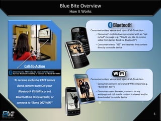 Blue Bite Overview
                                                             How It Works



                                                                        Consumer enters venue and spots Call-To-Action
                                                                            - Consumer’s mobile device prompted with an “opt
                                                                              in/out” message (e.g. “Would you like to receive
                                                                              video from James Bond via Bluetooth”)
                                                                            - Consumer selects “YES” and receives free content
                                                                              directly to mobile device




             Call-To-Action
Download a FREE clip to your mobile phone
Turn on Bluetooth visibility or connect to “Bond 007 WiFi”



 To receive exclusive FREE James                                        Consumer enters venue and spots Call-To-Action
                                                                            - Consumer connects to branded WiFi network (e.g.
     Bond content turn ON your                                                “Bond 007 WiFi”)
      Bluetooth Visibility or set                                           - Consumer opens browser, connects to any
                                                                              webpage and rich media content is viewed and/or
   Bluetooth to Discoverable; or                                              downloaded to mobile device

    connect to “Bond 007 WiFi”


                                                                                                                                 5
 