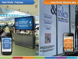 FEATURE
 Proactively push content to phones
  (push vs. pull consumer action)

 Compatible with smartphones

 Compatible with non-smartphones

 Always free to consumers

 No need for external app download

 Always wireless carrier-free
  interaction
 Ability to micro-target location
  (<10ft.)
 Continued mobile interaction
  outside of venue / original contact
 Current consumer adoption /
  market penetration

              ENGAGE WITH YOUR CUSTOMERS ON AS MANY HANDSETS AS POSSIBLE
BLUE BITE OVERVIEW                                                         12
 