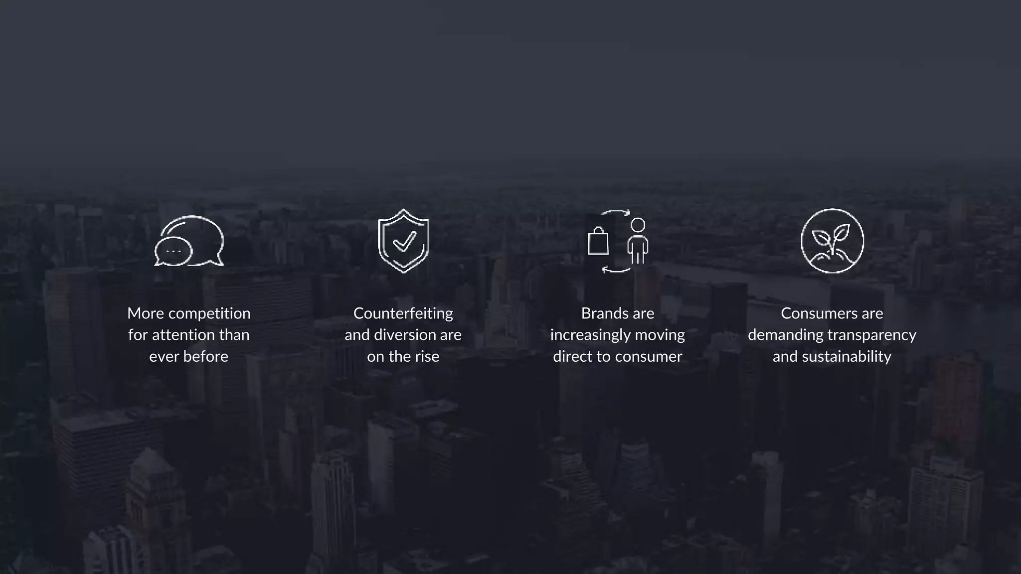 Consumers are
demanding transparency
and sustainability
Counterfeiting
and diversion are
on the rise
More competition
for attention than
ever before
Brands are
increasingly moving
direct to consumer
 