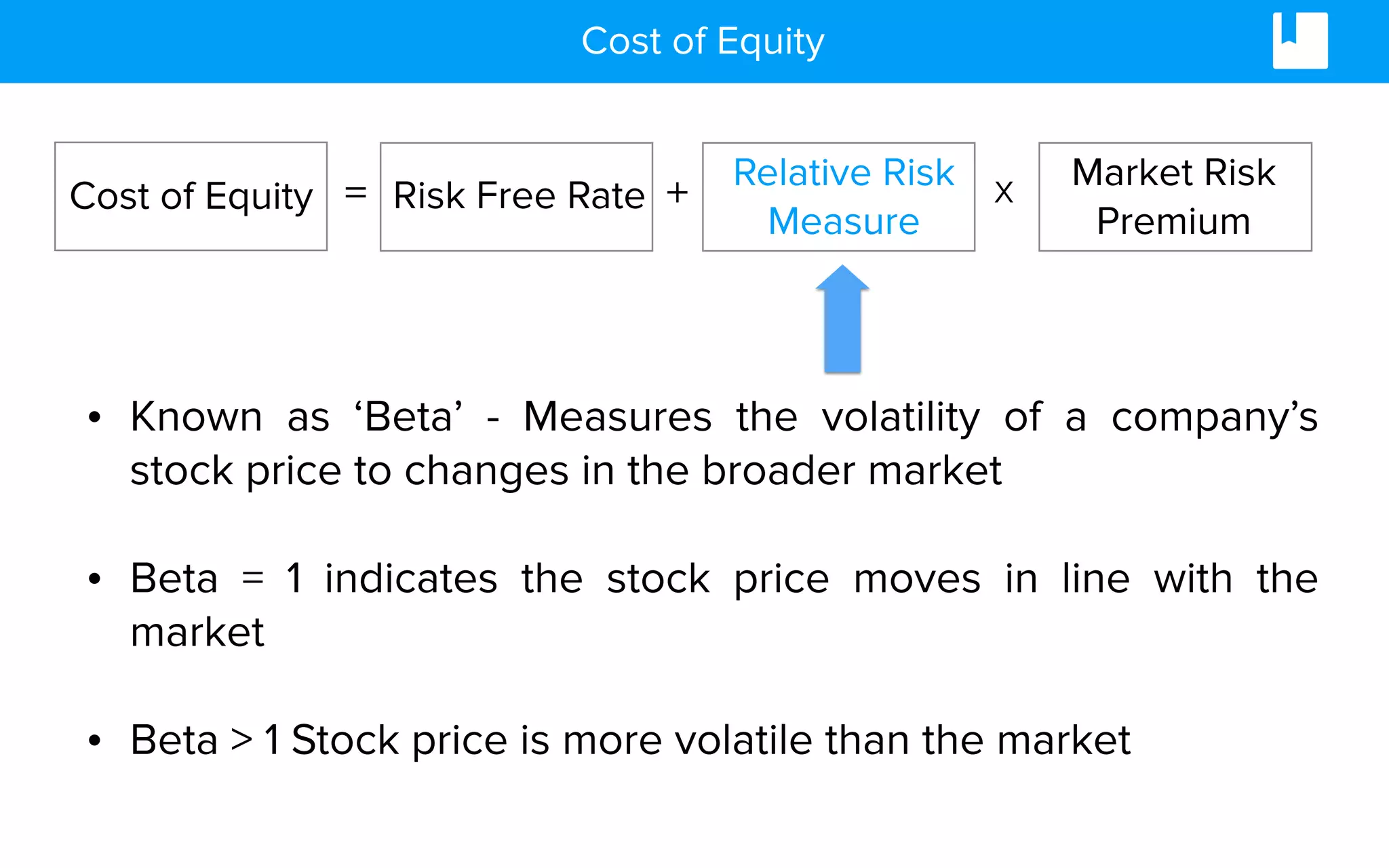 Cost of Equity
• Known as ‘Beta’ - Measures the volatility of a company’s
stock price to changes in the broader market
• Beta = 1 indicates the stock price moves in line with the
market
• Beta > 1 Stock price is more volatile than the market
=Cost of Equity Risk Free Rate + Relative Risk
Measure
x Market Risk
Premium
 