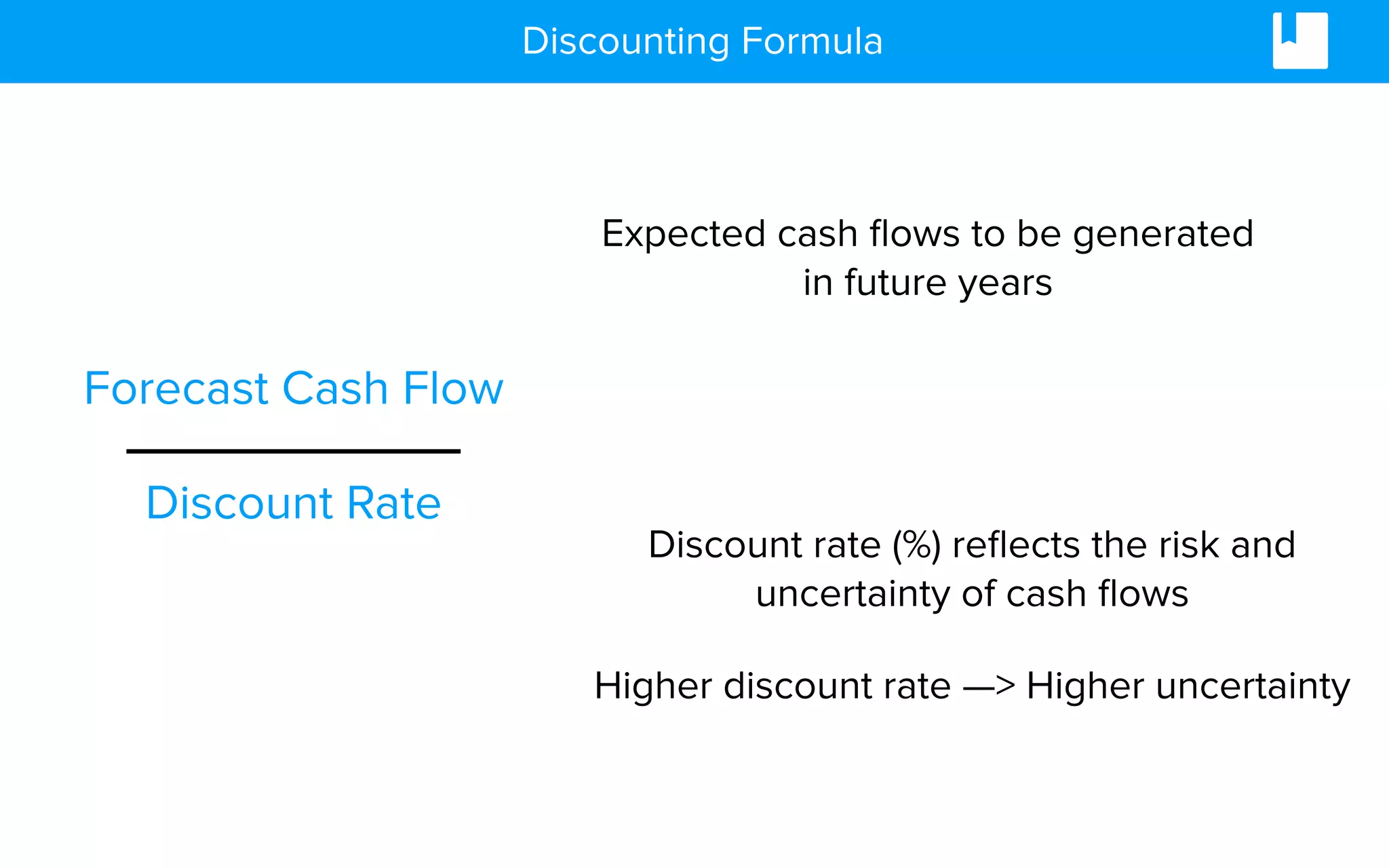 Discounting Formula
Forecast Cash Flow
Discount Rate
Expected cash ﬂows to be generated
in future years
Discount rate (%) reﬂects the risk and
uncertainty of cash ﬂows
Higher discount rate —> Higher uncertainty
 
