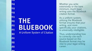Whether you write
extensively or the bare
minimum, much legal
writing uses the Bluebook
citation format.
As a uniform system,
utilizing the Bluebook
format ensures that your
writing, and more
specifically your citations,
is universally intelligible.
Thus, understanding how
to correctly cite each
source based on the
Bluebook format may be
vital to your legal writing
career.
 