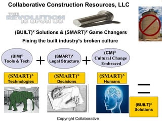 Copyright Collaborative
(SMART)X
Legal Structure
(BIM)X
Tools & Tech
(CM)X
Cultural Change
Embraced
(BUILT)X
Solutions
(BUILT)X
Solutions & (SMART)X
Game Changers
Fixing the built industry's broken culture
(SMART)X
Decisions
(SMART)X
Technologies
(SMART)X
Humans
Collaborative Construction Resources, LLC
 