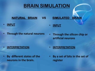 BRAIN SIMULATION

      NATURAL BRAIN            VS     SIMULATED BRAIN

• INPUT                             • INPUT

• Through the natural neurons       • Through the silicon chip or
                                      artificial neurons

• INTERPRETATION                    • INTERPRETATION

• By different states of the        • By a set of bits in the set of
  neurons in the brain.               register
 