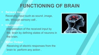 Sensory Input
Receiving input such as sound ,image,
etc. through sensory cell .
 Interpretation
Interpretation of the received input by
the brain by defining states of neurons in
the brain.
• Motor Output
Receiving of electric responses from the
brain to perform any action .
FUNCTIONING OF BRAIN
 