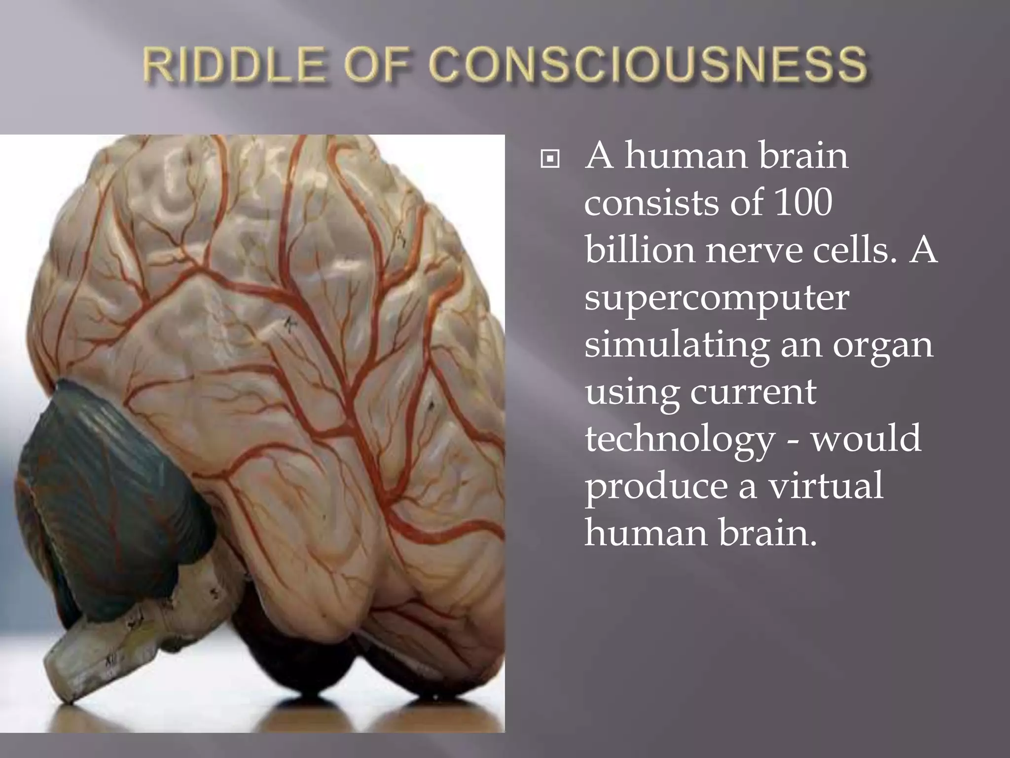  A human brain
consists of 100
billion nerve cells. A
supercomputer
simulating an organ
using current
technology - would
produce a virtual
human brain.
 