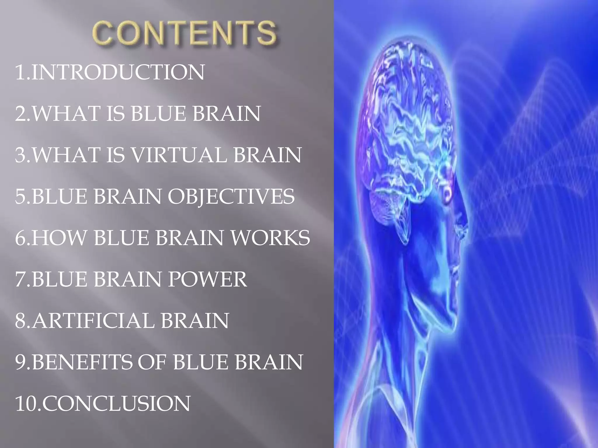 1.INTRODUCTION
2.WHAT IS BLUE BRAIN
3.WHAT IS VIRTUAL BRAIN
5.BLUE BRAIN OBJECTIVES
6.HOW BLUE BRAIN WORKS
7.BLUE BRAIN POWER
8.ARTIFICIAL BRAIN
9.BENEFITS OF BLUE BRAIN
10.CONCLUSION
 