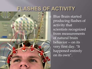  Blue Brain started
producing flashes of
activity that
scientists recognized
from measurements
of natural brain
behavior -- on its
very first day. "It
happened entirely
on its own“.
 