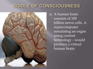  A human brain
consists of 100
billion nerve cells. A
supercomputer
simulating an organ
using current
technology - would
produce a virtual
human brain.
 