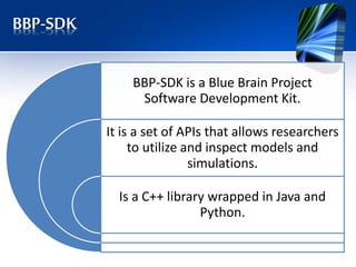 BBP-SDK
BBP-SDK is a Blue Brain Project
Software Development Kit.
It is a set of APIs that allows researchers
to utilize and inspect models and
simulations.
Is a C++ library wrapped in Java and
Python.
 