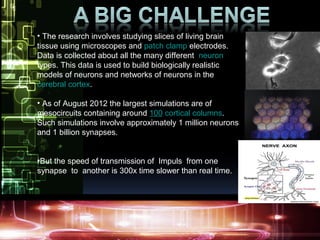 • The research involves studying slices of living brain
tissue using microscopes and patch clamp electrodes.
Data is collected about all the many different neuron
types. This data is used to build biologically realistic
models of neurons and networks of neurons in the
cerebral cortex.
• As of August 2012 the largest simulations are of
mesocircuits containing around 100 cortical columns.
Such simulations involve approximately 1 million neurons
and 1 billion synapses.
•But the speed of transmission of Impuls from one
synapse to another is 300x time slower than real time.
 