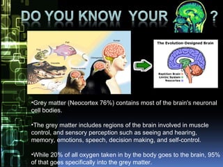 •Grey matter (Neocortex 76%) contains most of the brain's neuronal
cell bodies.
•The grey matter includes regions of the brain involved in muscle
control, and sensory perception such as seeing and hearing,
memory, emotions, speech, decision making, and self-control.
•While 20% of all oxygen taken in by the body goes to the brain, 95%
of that goes specifically into the grey matter.
 