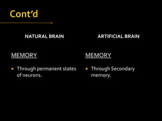 NATURAL BRAIN

MEMORY


Through permanent states
of neurons.

ARTIFICIAL BRAIN

MEMORY


Through Secondary
memory.

 