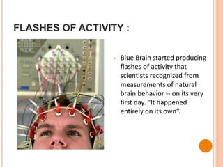 FLASHES OF ACTIVITY :
• Blue Brain started producing
flashes of activity that
scientists recognized from
measurements of natural
brain behavior -- on its very
first day. "It happened
entirely on its own“.
 