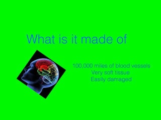 4
What is it made of
100,000 miles of blood vessels
Very soft tissue
Easily damaged
 
