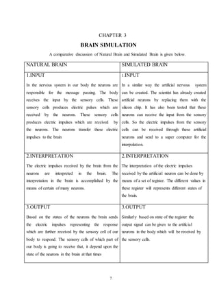 CHAPTER 3
BRAIN SIMULATION
A comparative discussion of Natural Brain and Simulated Brain is given below.
NATURAL BRAIN SIMULATED BRAIN
1.INPUT
In the nervous system in our body the neurons are
responsible for the message passing. The body
receives the input by the sensory cells. These
sensory cells produces electric pulses which are
received by the neurons. These sensory cells
produces electric impulses which are received by
the neurons. The neurons transfer these electric
impulses to the brain
1.INPUT
In a similar way the artificial nervous system
can be created. The scientist has already created
artificial neurons by replacing them with the
silicon chip. It has also been tested that these
neurons can receive the input from the sensory
cells. So the electric impulses from the sensory
cells can be received through these artificial
neurons and send to a super computer for the
interpolation.
2.INTERPRETATION
The electric impulses received by the brain from the
neurons are interpreted in the brain. The
interpretation in the brain is accomplished by the
means of certain of many neurons.
2.INTERPRETATION
The interpretation of the electric impulses
received by the artificial neuron can be done by
means of a set of register. The different values in
these register will represents different states of
the brain.
3.OUTPUT
Based on the states of the neurons the brain sends
the electric impulses representing the response
which are further received by the sensory cell of our
body to respond. The sensory cells of which part of
our body is going to receive that, it depend upon the
state of the neurons in the brain at that times
3.OUTPUT
Similarly based on state of the register the
output signal can be given to the artificial
neurons in the body which will be received by
the sensory cells.
7
 