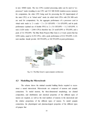 in non- SIMD mode. The two CPUs (central processing units) can be used in “co-
processor” mode (resulting in one CPU and 512 MB RAM (random access memory)
for computation, the other CPU being used for processing the I/O (input/output) of
the main CPU) or in “virtual node” mode (in which both CPUs with 256 MB each
are used for computation). So, the aggregate performance of a processor card in
virtual node mode is: 2 x node = 2 x 2.8 GFLOPS = 5.6 GFLOPS, and its peak
performance (optimal use of double FPU) is: 2 x 5.6 GFLOPS = 11.2 GFLOPS. A
rack (1,024 nodes = 2,048 CPUs) therefore has 2.8 teraFLOPS or TFLOPS, and a
peak of 5.6 TFLOPS. The Blue Brain Projects Blue Gene is a 4-rack system that has
4,096 nodes, equal to 8,192 CPUs, with a peak performance of 22.4 TFLOPS. A 64-
rack machine should provide 180 TFLOPS, or 360 TFLOPS at peak performance.
Fig. 4.1. The Blue Gene/L supercomputer architecture
4.3 Modelling the Microcircuit
The scheme shows the minimal essential building blocks required to recon-
struct a neural microcircuit. Microcircuits are composed of neurons and synaptic
connections. To model neurons, the three-dimensional morphology, ion channel
composition, and distributions and electrical properties of the different types of
neuron are required, as well as the total numbers of neurons in the microcircuit and
the relative proportions of the different types of neuron. To model synaptic
connections, the physiological and pharmacological properties of the different types
of synapse that
10
 