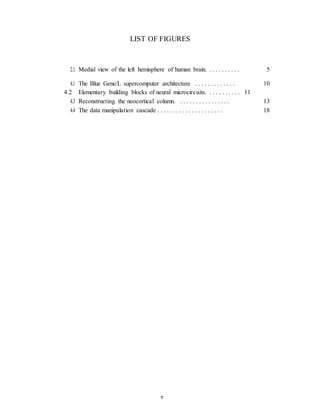LIST OF FIGURES
2.1 Medial view of the left hemisphere of human brain. . . . . . . . . . . 5
4.1 The Blue Gene/L supercomputer architecture . . . . . . . . . . . . . 10
4.2 Elementary building blocks of neural microcircuits. . . . . . . . . . . 11
4.3 Reconstructing the neocortical column. . . . . . . . . . . . . . . . . 13
4.4 The data manipulation cascade . . . . . . . . . . . . . . . . . . . . . 18
v
 