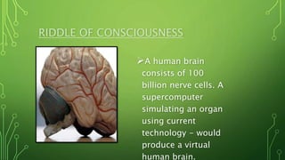 RIDDLE OF CONSCIOUSNESS
A human brain
consists of 100
billion nerve cells. A
supercomputer
simulating an organ
using current
technology - would
produce a virtual
human brain.
 