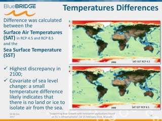"Supporting Blue Growth with innovative applications based
on EU e-infrastructures”, 14-15 February 2018, Brussels
Temperatures Differences
Difference was calculated
between the
Surface Air Temperatures
(SAT) in RCP 4.5 and RCP 8.5
and the
Sea Surface Temperature
(SST)
 Highest discrepancy in
2100;
 Covariate of sea level
change: a small
temperature difference
likely indicates that
there is no land or ice to
isolate air from the sea.
04-06 Dec.
2017
14
SAT-SST RCP 4.5
SAT-SST RCP 8.5
 