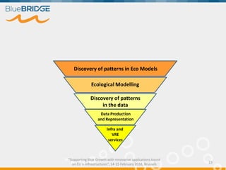 "Supporting Blue Growth with innovative applications based
on EU e-infrastructures”, 14-15 February 2018, Brussels
23
Data Production
and Representation
Discovery of patterns
in the data
Ecological Modelling
Discovery of patterns in Eco Models
Infra and
VRE
services
 