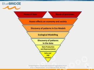 "Supporting Blue Growth with innovative applications based
on EU e-infrastructures”, 14-15 February 2018, Brussels
29
Data Production
and Representation
Discovery of patterns
in the data
Ecological Modelling
Discovery of patterns in Eco Models
Assess effects on economy and society
Reuse of data Reuse of processes
Infra and
VRE
services
 