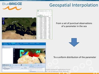 "Supporting Blue Growth with innovative applications based
on EU e-infrastructures”, 14-15 February 2018, Brussels
Geospatial Interpolation
From a set of punctual observations
of a parameter in the sea
To a uniform distribution of the parameter
 