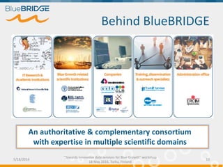 Behind BlueBRIDGE
5/18/2016
"Towards innovative data services for Blue Growth" workshop
18 May 2016, Turku, Finland
10
An authoritative & complementary consortium
with expertise in multiple scientific domains
 