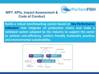 Builds a robust benchmarking system based on Key Performance
Indicators that integrate all production chains and make a
validated system adopted by the industry to support the sector
to achieve cost-efficiency, welfare friendly husbandry practices
and environmental sustainability.
WP7. KPIs, Impact Assessment &
Code of Conduct
 