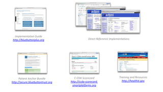 6/11/2013
Office of the National Coordinator for Health
Information Technology
11
Implementation Guide
http://bluebuttonplus.org
C-CDA Scorecard
http://ccda-scorecard.
smartplatforms.org
Direct Reference Implementations
Patient Anchor Bundle
http://secure.bluebuttontrust.org
Training and Resources
http://healthit.gov
 