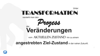3
Unter
TRANSFORMATION
Prozess
versteht man den
der
Veränderungen
vom aktuellen Zustand
angestrebten Ziel-Zustand in der nahen Zukunft.
hin zu einem
 