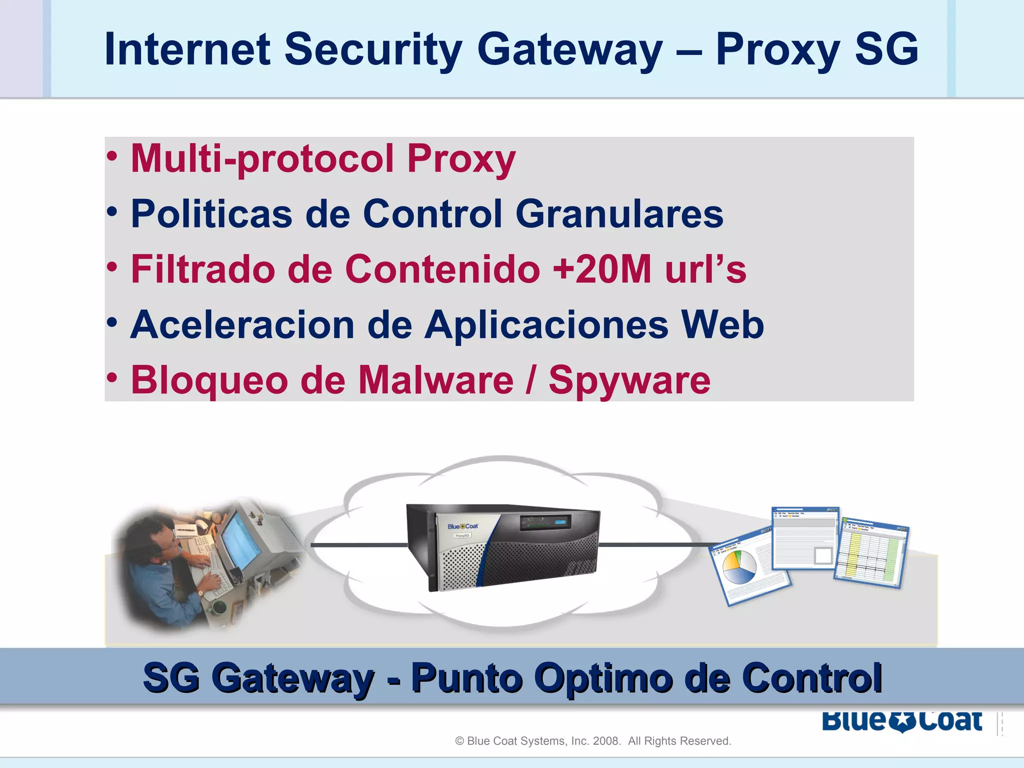 Internet Security Gateway – Proxy SG Multi-protocol Proxy Politicas de Control Granulares Filtrado de Contenido +20M url’s Aceleracion de Aplicaciones Web Bloqueo de Malware / Spyware  SG Gateway - Punto Optimo de Control 