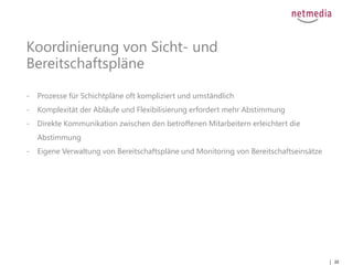 22
- Prozesse für Schichtpläne oft kompliziert und umständlich
- Komplexität der Abläufe und Flexibilisierung erfordert mehr Abstimmung
- Direkte Kommunikation zwischen den betroffenen Mitarbeitern erleichtert die
Abstimmung
- Eigene Verwaltung von Bereitschaftspläne und Monitoring von Bereitschaftseinsätze
Koordinierung von Sicht- und
Bereitschaftspläne
 