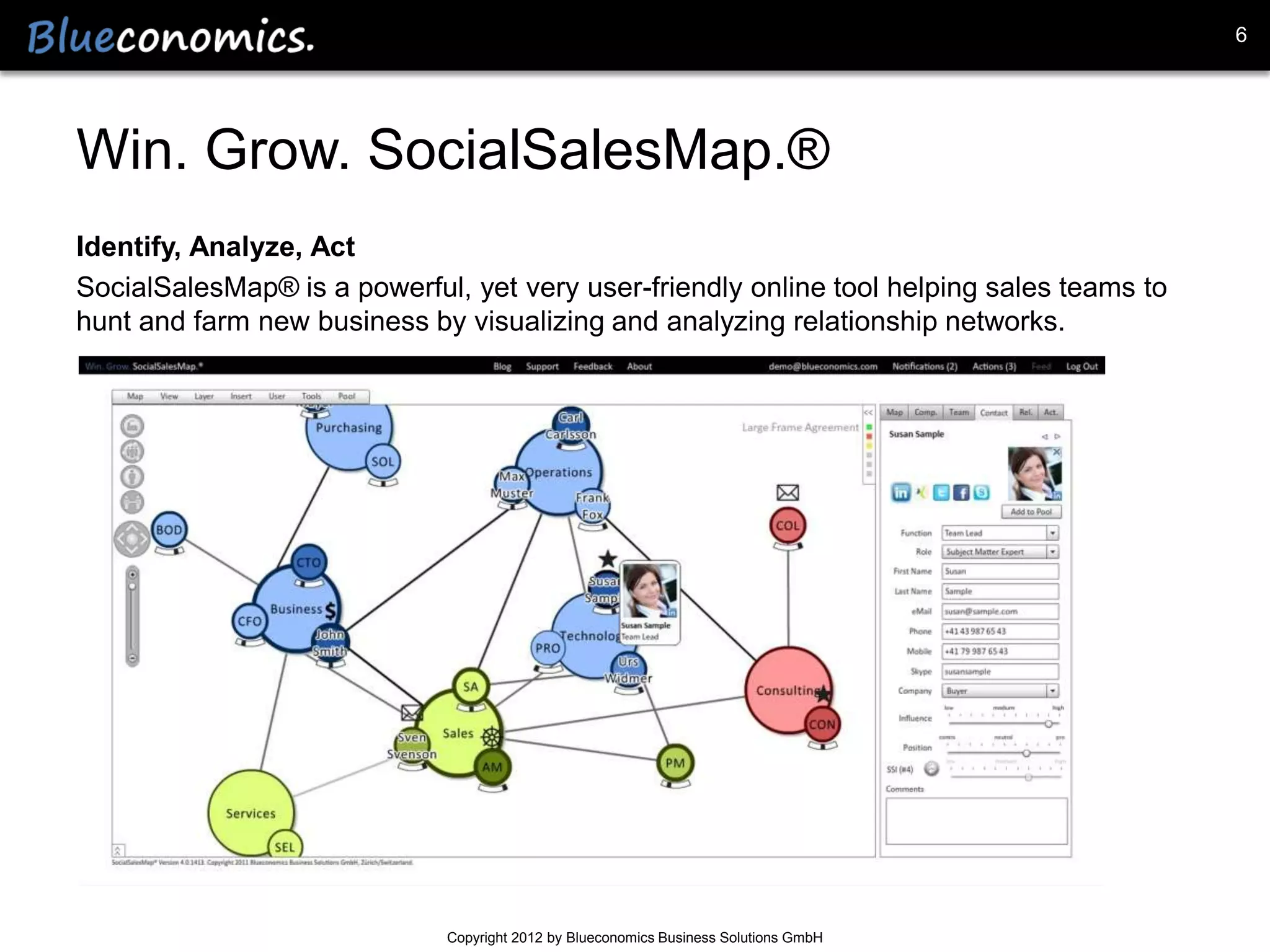 6




Win. Grow. SocialSalesMap.®
Identify, Analyze, Act
SocialSalesMap® is a powerful, yet very user-friendly online tool helping sales teams to
hunt and farm new business by visualizing and analyzing relationship networks.




                             Copyright 2012 by Blueconomics Business Solutions GmbH
 