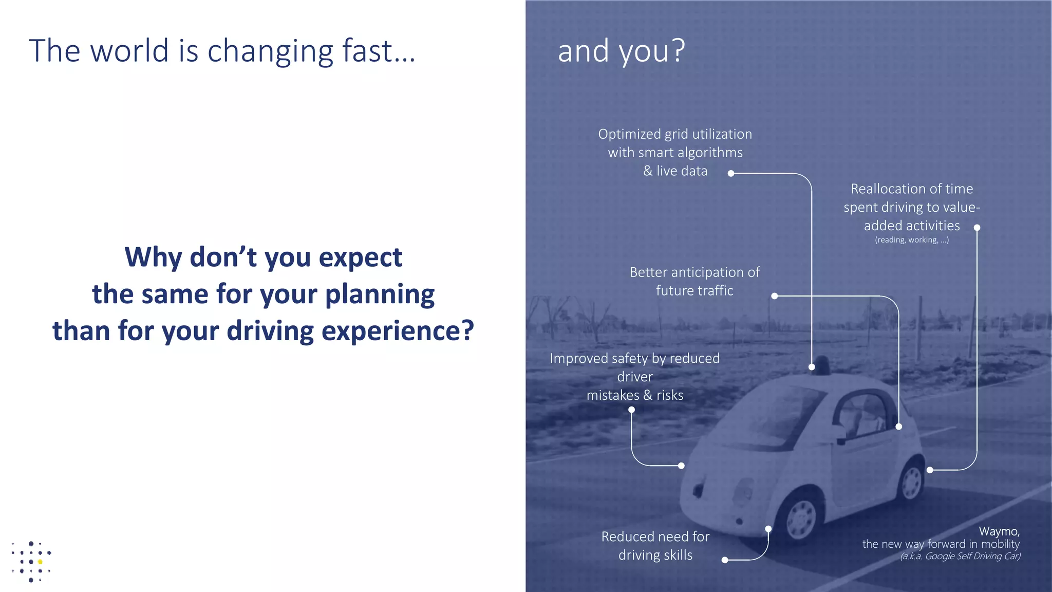10
The world is changing fast… and you?
Why don’t you expect
the same for your planning
than for your driving experience?
Waymo,
the new way forward in mobility
(a.k.a. Google Self Driving Car)
Reallocation of time
spent driving to value-
added activities
(reading, working, …)
Better anticipation of
future traffic
Improved safety by reduced
driver
mistakes & risks
Optimized grid utilization
with smart algorithms
& live data
Reduced need for
driving skills
 