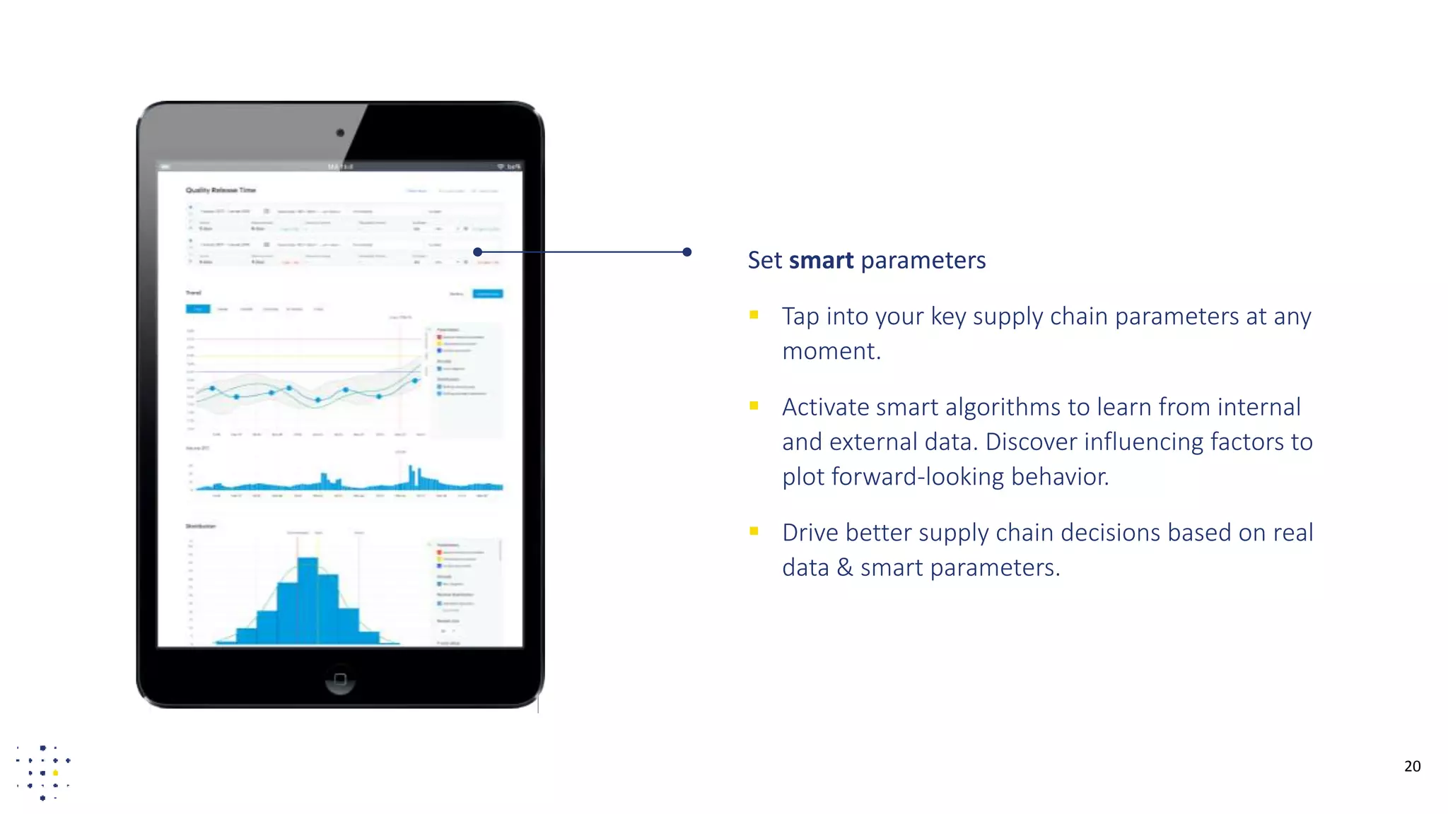 20
Set smart parameters
 Tap into your key supply chain parameters at any
moment.
 Activate smart algorithms to learn from internal
and external data. Discover influencing factors to
plot forward-looking behavior.
 Drive better supply chain decisions based on real
data & smart parameters.
 