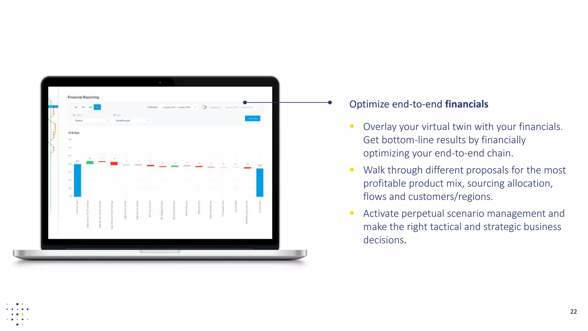 22
Optimize end-to-end financials
 Overlay your virtual twin with your financials.
Get bottom-line results by financially
optimizing your end-to-end chain.
 Walk through different proposals for the most
profitable product mix, sourcing allocation,
flows and customers/regions.
 Activate perpetual scenario management and
make the right tactical and strategic business
decisions.
 