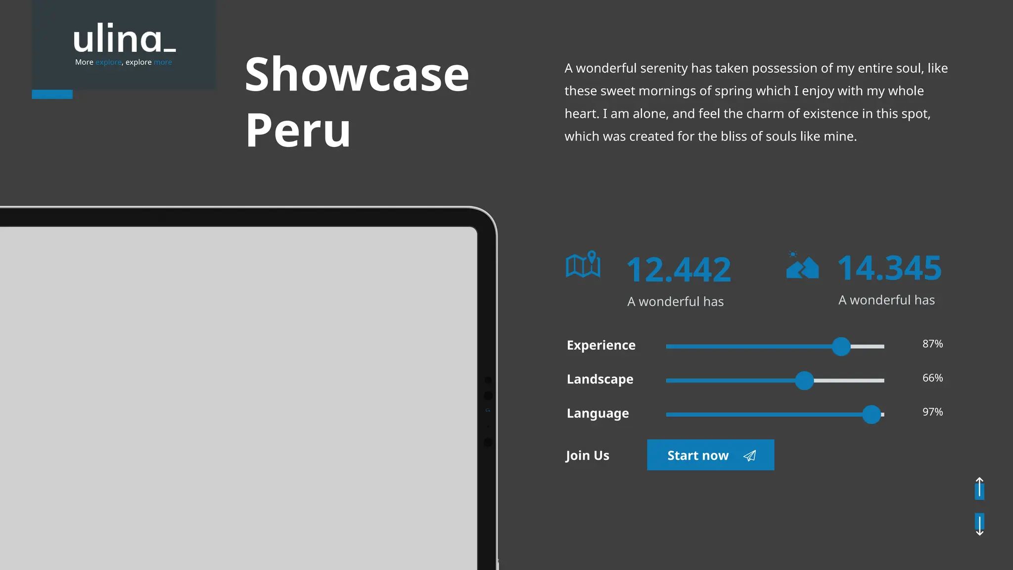 Showcase
Peru
More explore, explore more
A wonderful serenity has taken possession of my entire soul, like
these sweet mornings of spring which I enjoy with my whole
heart. I am alone, and feel the charm of existence in this spot,
which was created for the bliss of souls like mine.
12.442
A wonderful has
14.345
A wonderful has
Experience 87%
Landscape 66%
Language 97%
Start now
Join Us
 