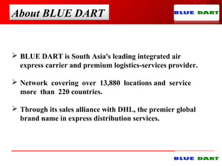 About BLUE DART
 BLUE DART is South Asia's leading integrated air
express carrier and premium logistics-services provider.
 Network covering over 13,880 locations and service
more than 220 countries.
 Through its sales alliance with DHL, the premier global
brand name in express distribution services.
 