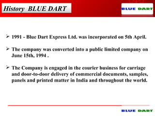 History BLUE DART
 1991 - Blue Dart Express Ltd. was incorporated on 5th April.
 The company was converted into a public limited company on
June 15th, 1994 .
 The Company is engaged in the courier business for carriage
and door-to-door delivery of commercial documents, samples,
panels and printed matter in India and throughout the world.
 