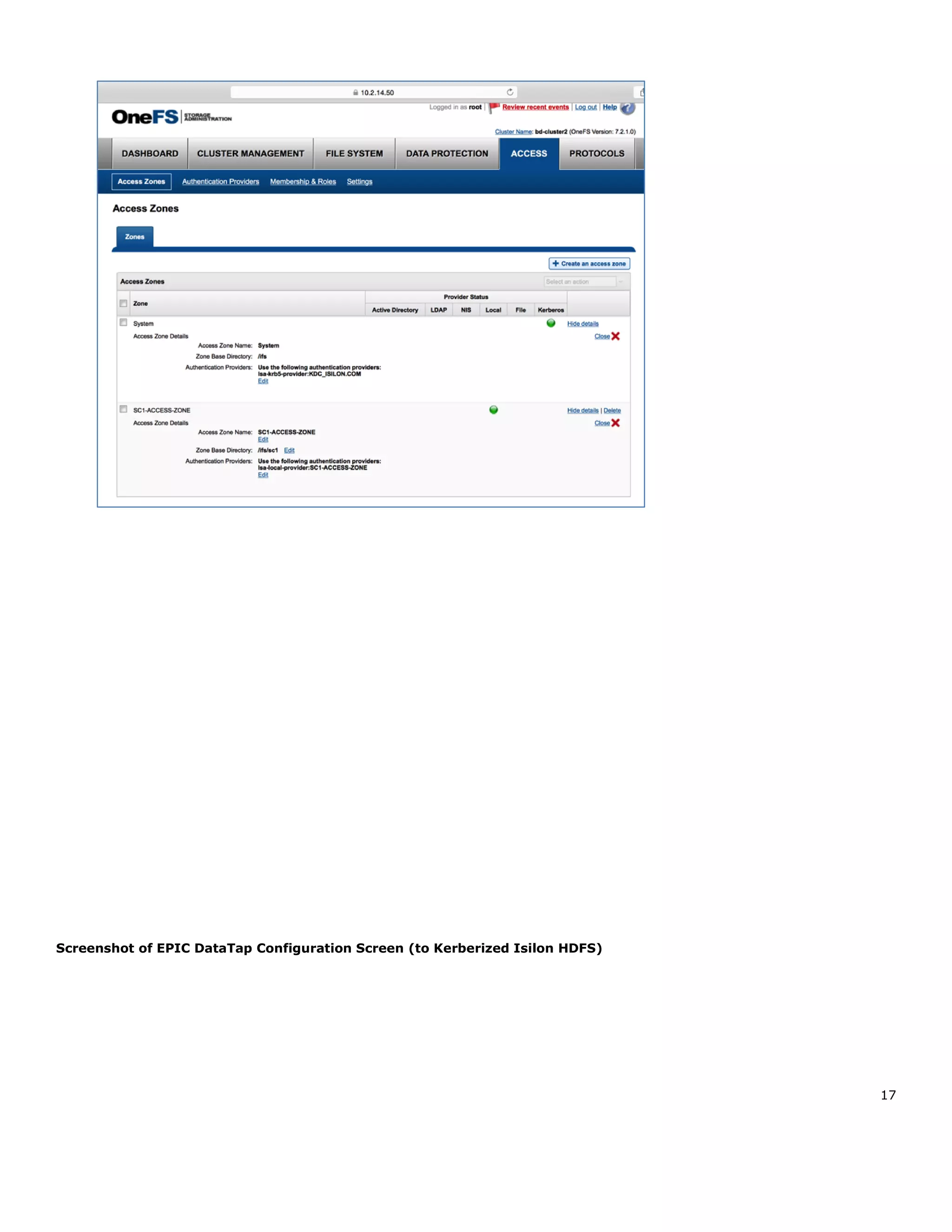 17
Screenshot of EPIC DataTap Configuration Screen (to Kerberized Isilon HDFS)
 