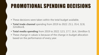 PROMOTIONAL SPENDING DECISIONS
• These decisions were taken within the total budget available.
• Total trade channel spending from 2019 to 2022: 25.1, 35.4, 32.8,
32million$.
• Total media spending from 2019 to 2022: 12.5, 17.7, 16.4, 16million $.
• These change in values is because of the change in budget allocation
based on the performance of every year.
 