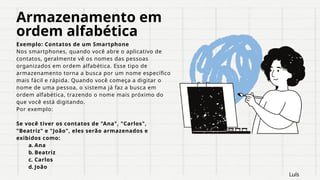 Armazenamento em
ordem alfabética
Exemplo: Contatos de um Smartphone
Nos smartphones, quando você abre o aplicativo de
contatos, geralmente vê os nomes das pessoas
organizados em ordem alfabética. Esse tipo de
armazenamento torna a busca por um nome específico
mais fácil e rápida. Quando você começa a digitar o
nome de uma pessoa, o sistema já faz a busca em
ordem alfabética, trazendo o nome mais próximo do
que você está digitando.
Por exemplo:
Se você tiver os contatos de "Ana", "Carlos",
"Beatriz" e "João", eles serão armazenados e
exibidos como:
a. Ana
b. Beatriz
c. Carlos
d. João
Luís
 
