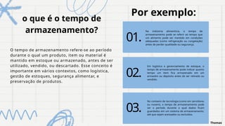 O tempo de armazenamento refere-se ao período
durante o qual um produto, item ou material é
mantido em estoque ou armazenado, antes de ser
utilizado, vendido, ou descartado. Esse conceito é
importante em vários contextos, como logística,
gestão de estoques, segurança alimentar, e
preservação de produtos.
01.
02.
03.
Na indústria alimentícia, o tempo de
armazenamento pode se referir ao tempo que
um alimento pode ser mantido em condições
adequadas (como refrigeração ou congelação)
antes de perder qualidade ou segurança.
Em logística e gerenciamento de estoque, o
tempo de armazenamento pode indicar quanto
tempo um item fica armazenado em um
armazém ou depósito antes de ser retirado ou
vendido.
No contexto de tecnologia (como em servidores
ou nuvem), o tempo de armazenamento pode
ser o período durante o qual dados ficam
guardados em um sistema de armazenamento,
até que sejam acessados ou excluídos.
o que é o tempo de
armazenamento?
Por exemplo:
Thomas
 
