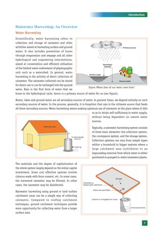 Introduction



Rainwater Harvesting: An Overview
Water Harvesting
Scientifically, water harvesting refers to
collection and storage of rainwater and other
activities aimed at harvesting surface and ground
water. It also includes prevention of losses
through evaporation and seepage and all other
hydrological and engineering interventions,
aimed at conservation and efficient utilisation
of the limited water endowment of physiographic
unit such as a watershed. In general, water
harvesting is the activity of direct collection of
rainwater. The rainwater collected can be stored
for direct use or can be recharged into the ground
                                                             Figure: Where does all our water come from?
water. Rain is the first form of water that we
know in the hydrological cycle, hence is a primary source of water for us (see figure).

Rivers, lakes and ground water are all secondary sources of water. In present times, we depend entirely on such
secondary sources of water. In the process, generally, it is forgotten that rain is the ultimate source that feeds
all these secondary sources. Water harvesting means making optimum use of rainwater at the place where it falls
                                                                   so as to attain self-sufficiency in water supply,
                                                                   without being dependent on remote water
                                                                   sources.

                                                                   Typically, a rainwater harvesting system consists
                                                                   of three basic elements: the collection system,
                                                                   the conveyance system, and the storage system.
                                                                   Collection systems can vary from simple types
                                                                   within a household to bigger systems where a
                                                                   large catchment area contributes to an
                                                                   impounding reservoir from which water is either
                                                                   gravitated or pumped to water treatment plants.

The materials and the degree of sophistication of
the whole system largely depend on the initial capital
investment. Some cost effective systems involve
cisterns made with ferro-cement, etc. In some cases,
the harvested rainwater may be filtered. In other
cases, the rainwater may be disinfected.

Rainwater harvesting using ground or land surface
catchment areas can be a simple way of collecting
rainwater. Compared to rooftop catchment
techniques, ground catchment techniques provide
more opportunity for collecting water from a larger
surface area.


                                                                                                                7
 