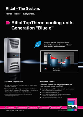35°C35°C
25°C
1
2
3
4
Temperature
energy used
TopTherm cooling units
● Energy-saving range of cooling units in the output range
from 500 to 4000 W
● Savings of up to 45% energy consumption with the same
cooling output (ideally 70% compared with a conventional
Rittal TopTherm Plus cooling unit in field trials)
● www.rittal.com/products/system-climate-control/
energysavingcalculator
Eco-mode control
Intelligent, targeted use of energy thanks to the
new eco-mode control from Rittal
Cooling switches off: The interior fan only runs to ensure
air circulation inside the enclosure.
The interior fan is switched off.
The interior fan is switched on for 30 seconds every
10 minutes to briefly blend the air.
The interior fan is switched back on.
Rittal TopTherm cooling units
Generation “Blue e”
● Savings of up to 45% energy consumption
● Units with Comfort controller are now “Blue e” –
Model Numbers remain unchanged
www.rittal-india.com
 